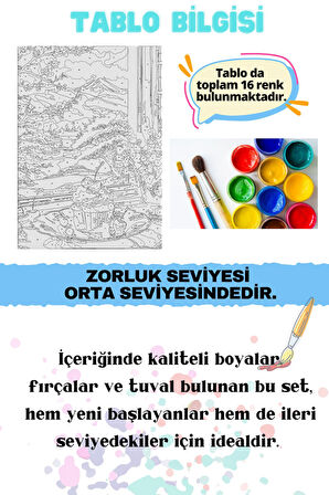 Sayılarla Boyama Çerçeveli Hobi Seti Numaralı Tuval Fırça Boya Dahil Kasnaklı MANZARA PASTA 40X50 Cm
