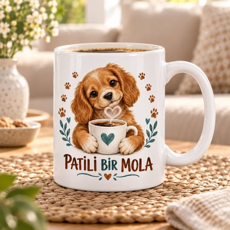 Patili Bir Mola Sevimli Köpek ve Kahve Tasarımlı Porselen Kupa - MODEL 267