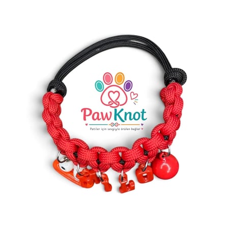 PawKnot Isim Yazılı El Örgüsü Paracord Evcil Hayvan Tasması - Kırmızı