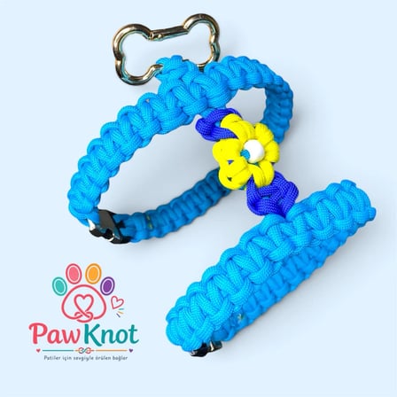  Sky Bloom Set Paracord Hand Made Köpek/Kedi Göğüs Tasması ve Kayış Seti Papatyalı