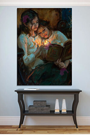 Mum Işığında Kitap Okuyan Kızlar Yağlıboya Efektli Kanvas Tablo (8 Farklı Ölçü)