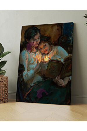 Mum Işığında Kitap Okuyan Kızlar Yağlıboya Efektli Kanvas Tablo (8 Farklı Ölçü)