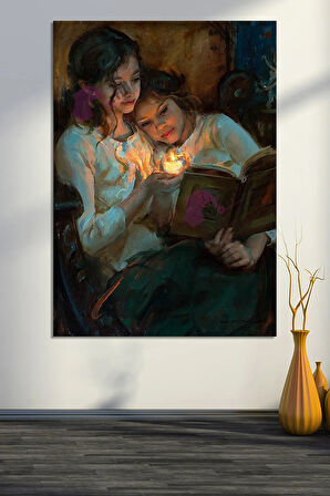 Mum Işığında Kitap Okuyan Kızlar Yağlıboya Efektli Kanvas Tablo (8 Farklı Ölçü)