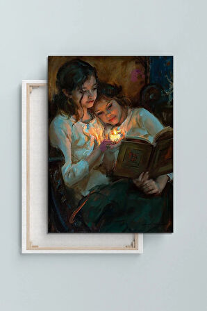 Mum Işığında Kitap Okuyan Kızlar Yağlıboya Efektli Kanvas Tablo (8 Farklı Ölçü)