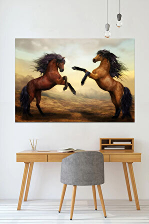 Şaha Kalkmış Çift Asil At Hayvan Sanatsal Dekoratif Kanvas Tablo (8 Farklı Ölçü)