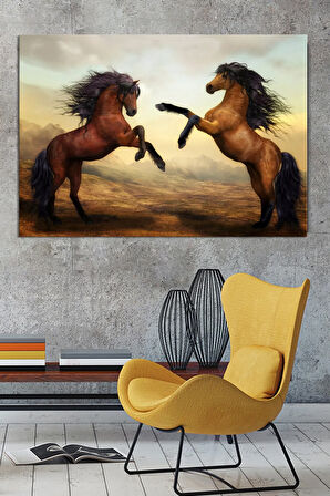 Şaha Kalkmış Çift Asil At Hayvan Sanatsal Dekoratif Kanvas Tablo (8 Farklı Ölçü)