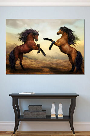 Şaha Kalkmış Çift Asil At Hayvan Sanatsal Dekoratif Kanvas Tablo (8 Farklı Ölçü)
