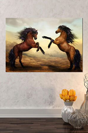 Şaha Kalkmış Çift Asil At Hayvan Sanatsal Dekoratif Kanvas Tablo (8 Farklı Ölçü)