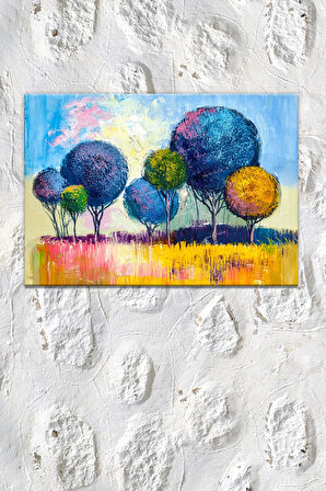 Renkli Ağaçlar Yağlıboya Efektli Sanatsal Dekaratif Kanvas Tablo
