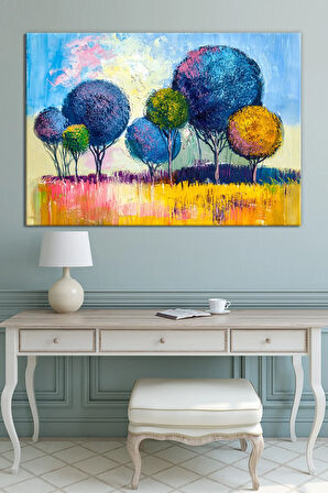 Renkli Ağaçlar Yağlıboya Efektli Sanatsal Dekaratif Kanvas Tablo
