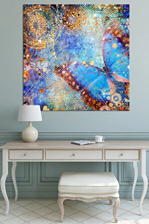 Mavi Kelebek Vintage Kelebek Kanvas Tablo