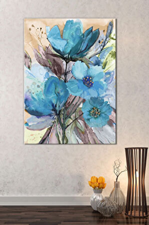 Mavi Suluboya Çiçekli Sanatsal Kanvas Tablo