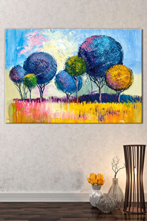 Renkli Ağaçlar Yağlıboya Görünümlü Yeni Yıl New Year Yılbaşı Dekoratif Kanvas Tablo