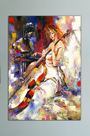 Çello Viyolonsel Çalan Kadın Yağlı Boya Efektli Kanvas Tablo 8 Farklı Ölçü