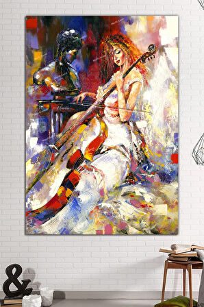 Çello Viyolonsel Çalan Kadın Yağlı Boya Efektli Kanvas Tablo 8 Farklı Ölçü