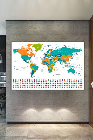 Dünya Haritası Ve Bayrakları World Map Dekoratif Kanvas Tablo (7 Farklı Ölçü)