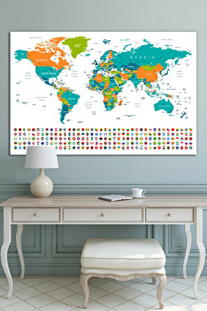 Dünya Haritası Ve Bayrakları World Map Dekoratif Kanvas Tablo (7 Farklı Ölçü)