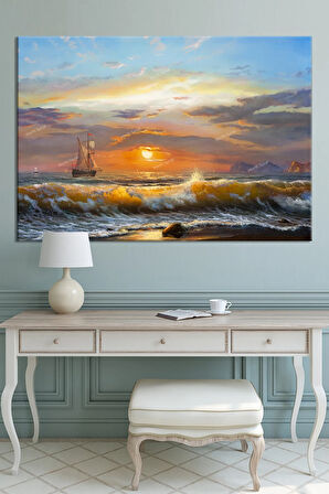 Gün Batımı Sahil Deniz Ve Yelkenli Tekne Kanvas Tablo