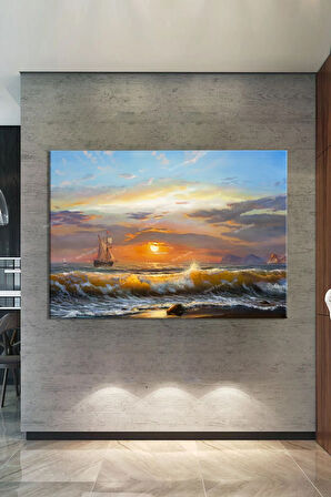 Gün Batımı Sahil Deniz Ve Yelkenli Tekne Kanvas Tablo