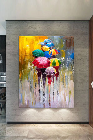 Yağmurda Yürüyüş Renkli Şemsiyeler Dekoratif Kanvas Tablo