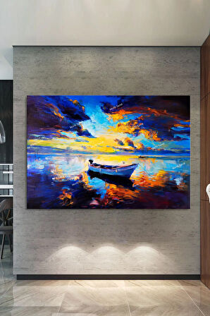 Sahilde Tekne Ve Gün Batımı Sanatsal Kanvas Tablo