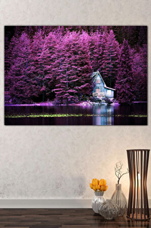 Mor Ağaşlar Ve Göl Evi Muhteşem Manzara Doğa Kanvas Tablo