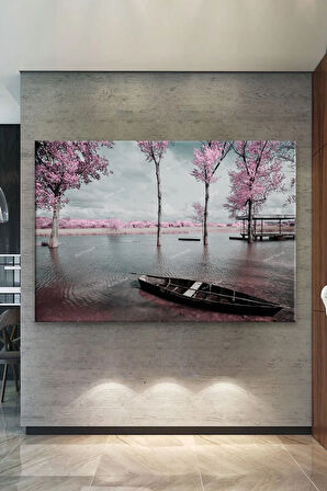 Göl Sandal Sakura Ağaçları Doğa Tabiat Manzara Kanvas Tablo