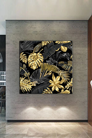 Gold Siyah Yapraklar Dekoratif Kanvas Tablo