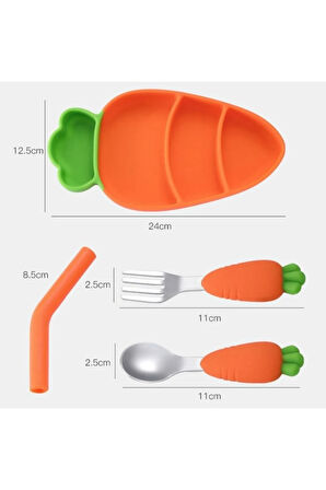 Vakumlu Silikon Mama Tabağı, Silikon Saplı Metal Uçlu Çatal Ve Kaşık ( Havuç Figürlü )