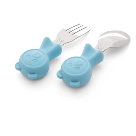 Premium Çocuk BPA Free Kaliteli Silikon Saplı Paslanmaz Çelik Uçlu Çatal-Kaşık, Saklama Kutusu (MAVİ)