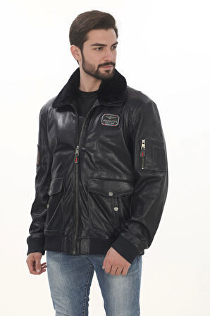 Erkek Kışlık Derimont Şık Tarz Erkek Bomber Ceket Siyah Hakiki Kuzu Derisi El Yapımı Pilot Mont