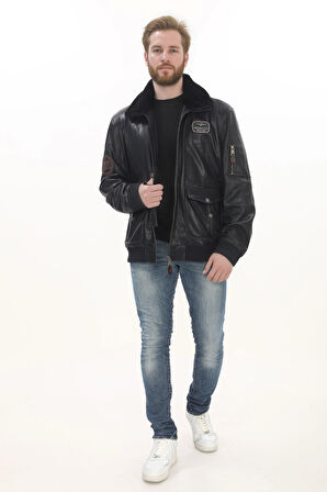 Erkek Kışlık Derimont Şık Tarz Erkek Bomber Ceket Siyah Hakiki Kuzu Derisi El Yapımı Pilot Mont
