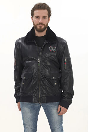 Erkek Kışlık Derimont Şık Tarz Erkek Bomber Ceket Siyah Hakiki Kuzu Derisi El Yapımı Pilot Mont