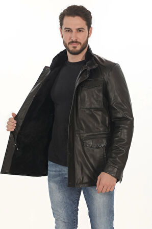Erkek Kışlık Derimont Tarz Erkek Hakiki Kuzu Derisi Mont Kürklü Siyah Deri Ceket
