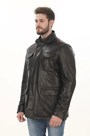 Erkek Kışlık Derimont Tarz Erkek Hakiki Kuzu Derisi Mont Kürklü Siyah Deri Ceket