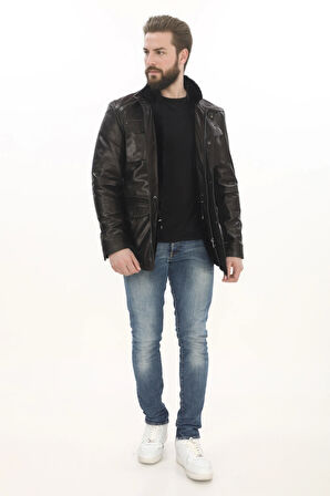 Erkek Kışlık Derimont Tarz Erkek Hakiki Kuzu Derisi Mont Kürklü Siyah Deri Ceket