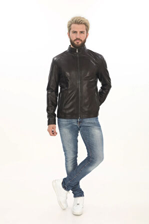 Erkek Biker Ruhuna Uygun Slim Fit Derimont Erkek Hakiki Kuzu Derisi Mont Siyah Fermuarlı Ceket