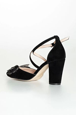 Kadın Moda Şık Siyah Süet Taşlı Topuklu Ayakkabı Zarif Tasarım Düğün Nişan Gece Abiye Ayakkabı