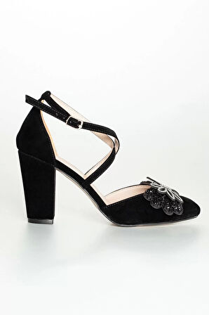 Kadın Moda Şık Siyah Süet Taşlı Topuklu Ayakkabı Zarif Tasarım Düğün Nişan Gece Abiye Ayakkabı