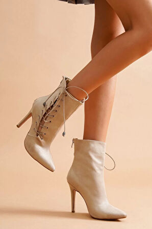 Kadın Bağcıklı Topuklu Kısa Bot Saten Görünümlü İnce Topuklu Şık Ayakkabı