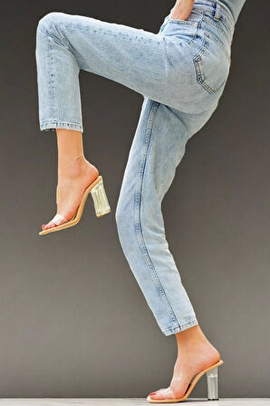 Kadın Şeffaf Bantlı Kalın Topuklu Terlik Modern Tasarım