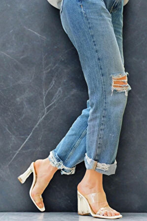 Kadın Şeffaf Bantlı Kalın Topuklu Terlik Modern Tasarım