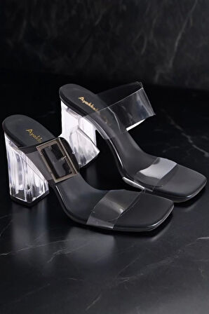 Kadın Elegant Ayakkabı Siyah Cilt Tokalı Şeffaf Topuklu Terlik Özel Tasarım Abiye Ayakkabı