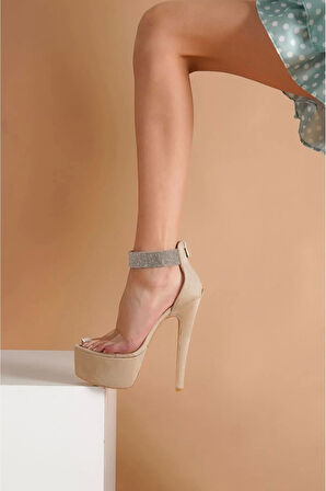 Kadın Elegant Ayakkabı İnce Topuklu Taşlı Bilekli Platform Özel Tasarım Abiye Ayakkabı