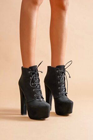 Bağcıklı Yüksek Topuklu Platform Kadın Bot Suni Deri Petli Taban Konforlu Tasarım