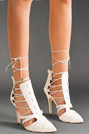 Şık Tasarım Sivri Burun Bağcıklı Topuklu Ayakkabı Şık ve Zarif Abiye Ayakkabı