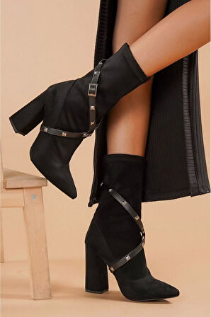 Kadın Streç Sivri Burun Kalın Topuklu Bot Şık Kemer Detayl Süet Kovboy Çizmesi