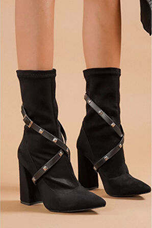 Kadın Streç Sivri Burun Kalın Topuklu Bot Şık Kemer Detayl Süet Kovboy Çizmesi