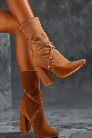 Kadın Streç Sivri Burun Kalın Topuklu Bot Şık Kemer Detayl Süet Kovboy Çizmesi