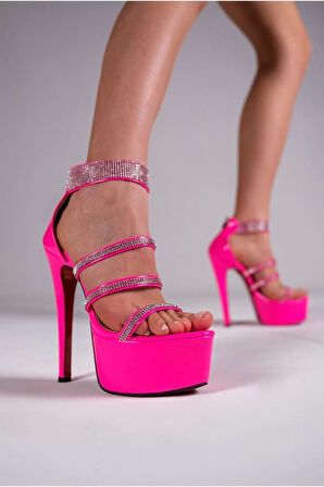 Kadın Taşlı Neon Platform İnce Topuklu Sandalet Gece Şıklığı Model